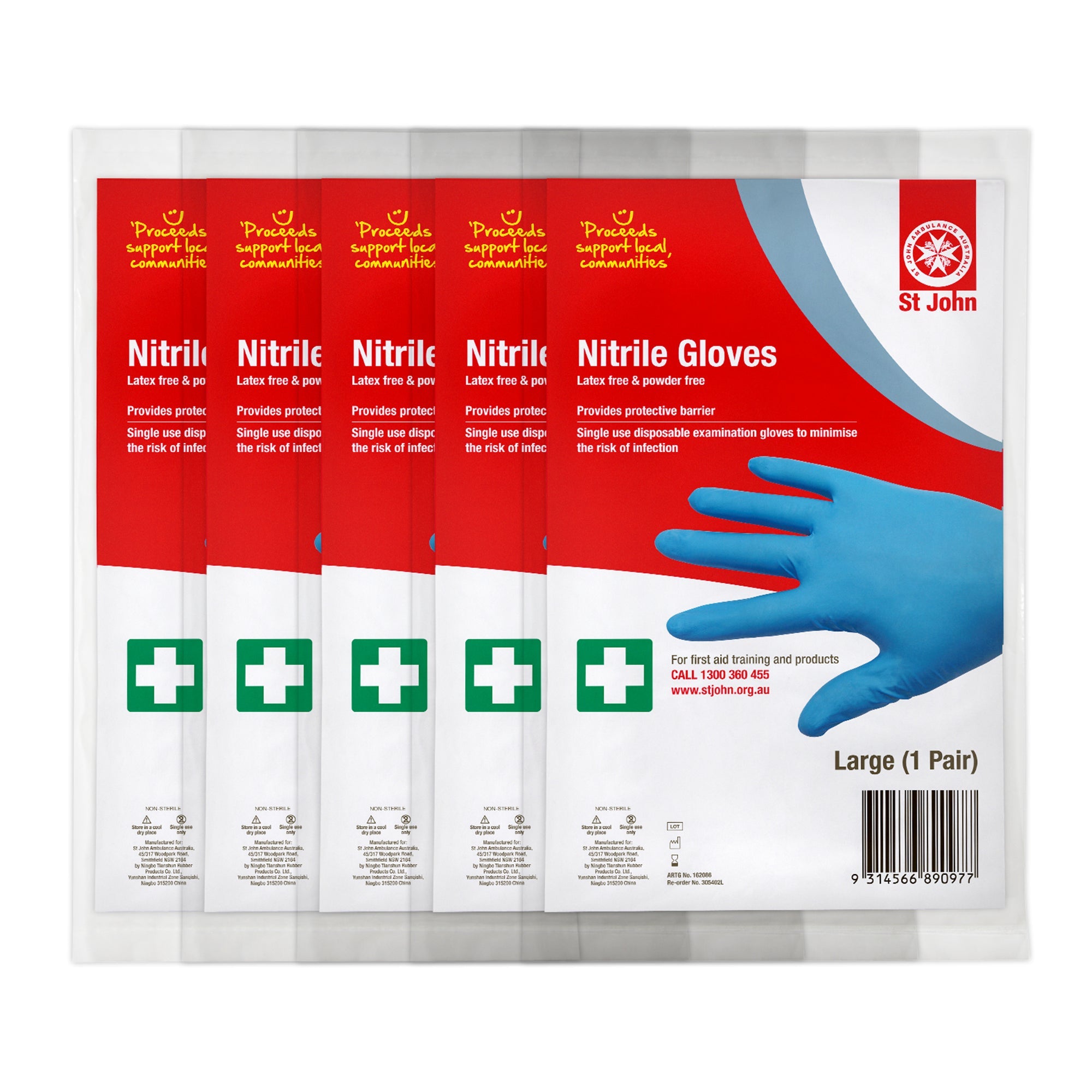 ST JOHN Nitrile Gloves Large 5 Pairs Disposable Medical Protective PPE #305410L