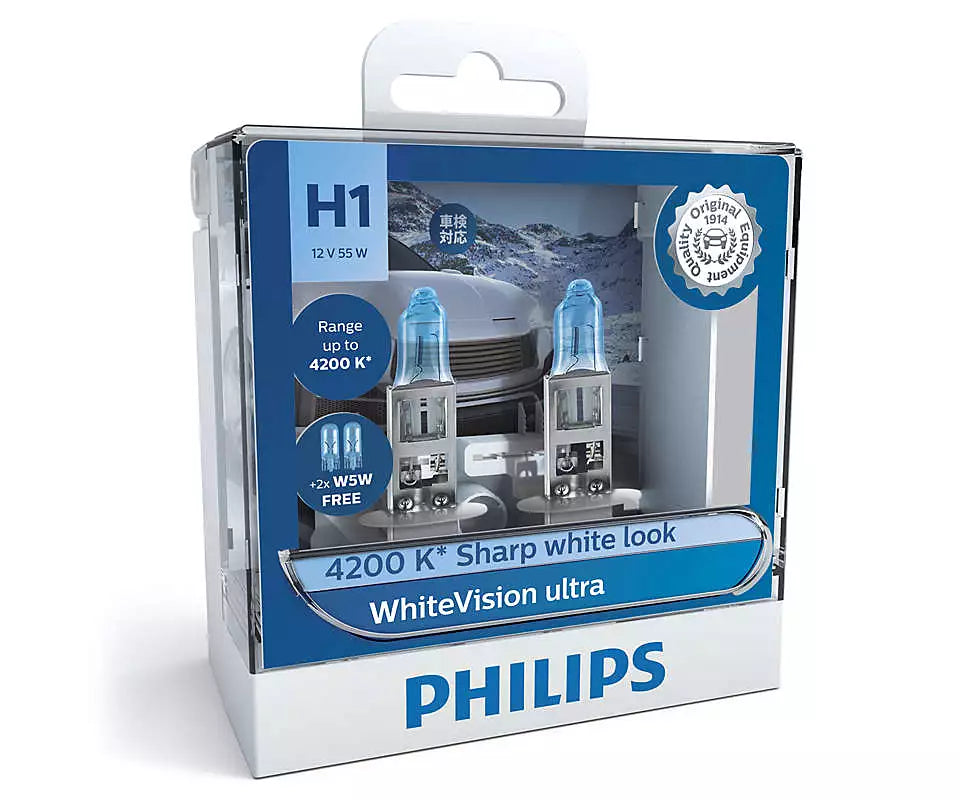 New Philips Globe H1 W5W 12V 55W Twin Pack White Vision Ultra (12258Wvusm)