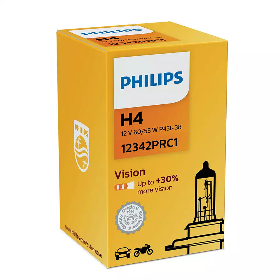 New Philips Globe H4 12V 60/55W P43T-38 Single Box Premium Vision (12342Prc1) | Australian Moto Spares
