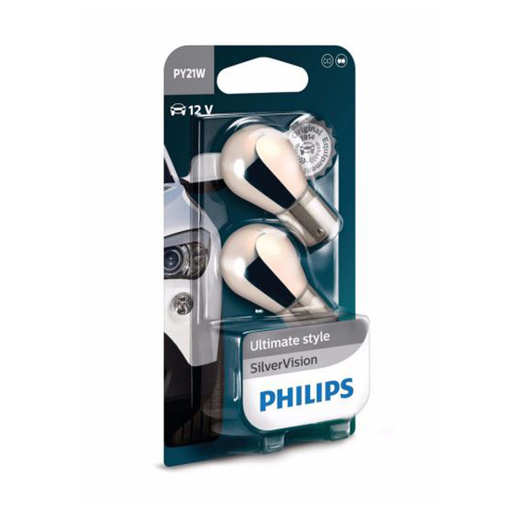 NEW PHILIPS SILVER VISION PY21W CHROME AMBER 12V TWIN BLISTER PACK