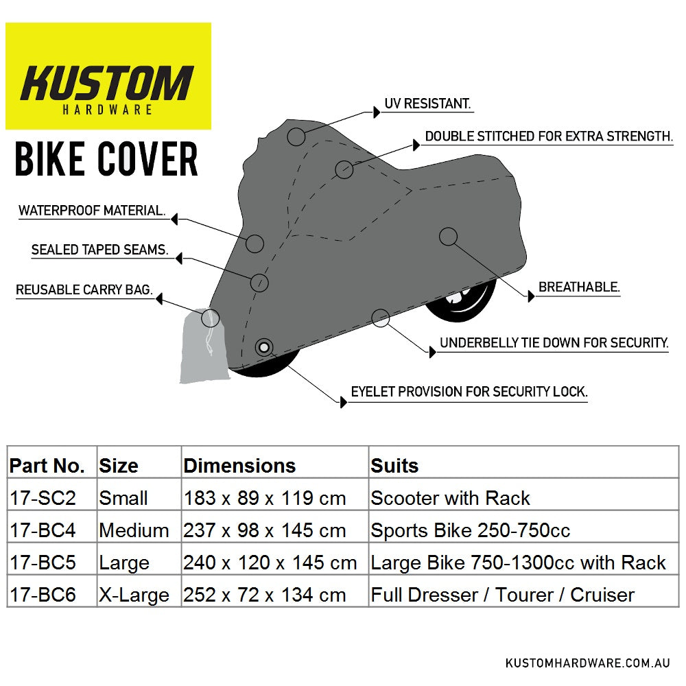 New KUSTOM HARDWARE Bike Cover - Sport Bike 250-750cc 17-BC4 | Australian Moto Spares