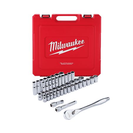 New Milwaukee 1/2In Drive 47Pc Ratchet & Socket Set - Sae & Metric - 48229010