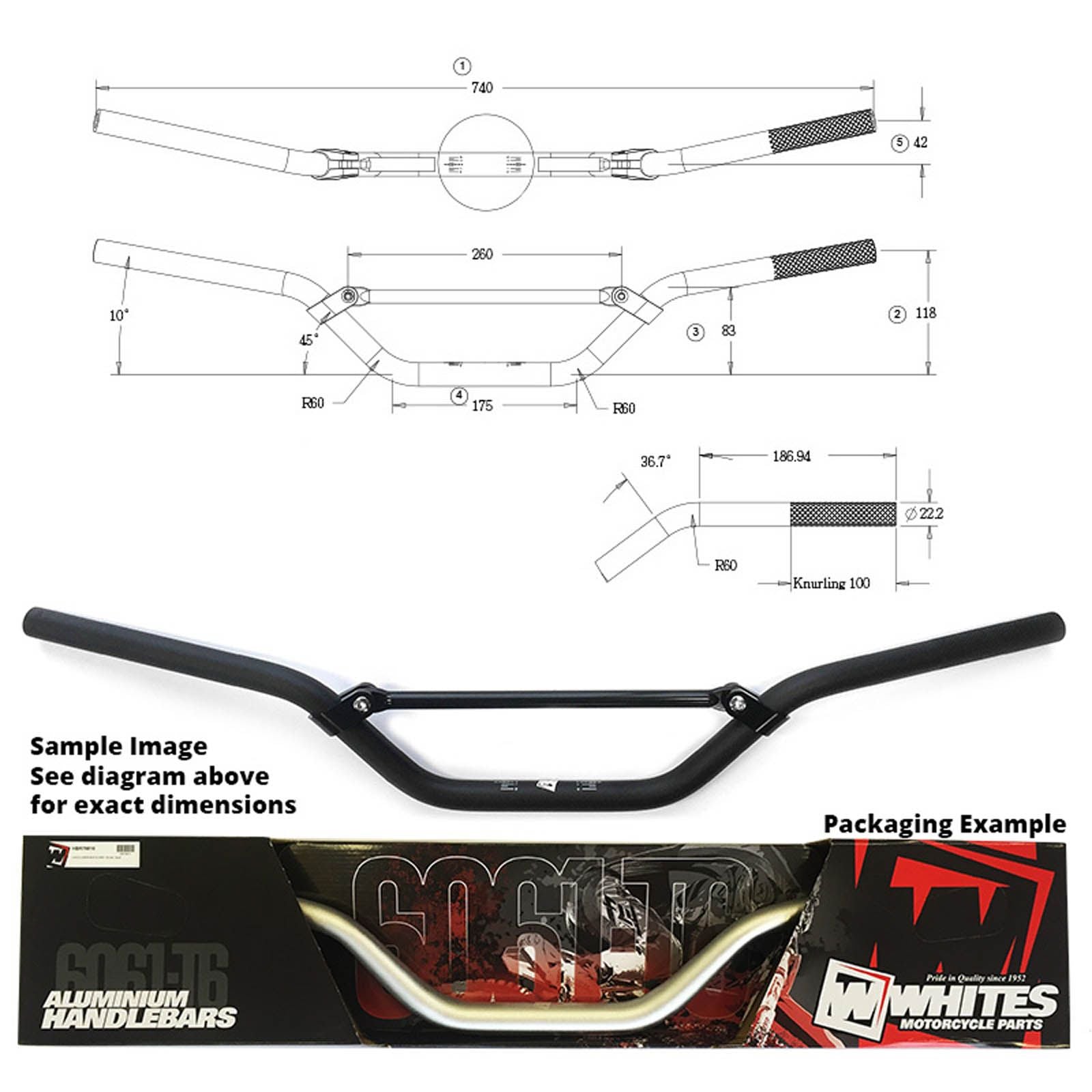 WHITES Handlebar 7/8 AL6061 - Black For Honda CR85 RM/KX65 YZ85/80 CRF150R