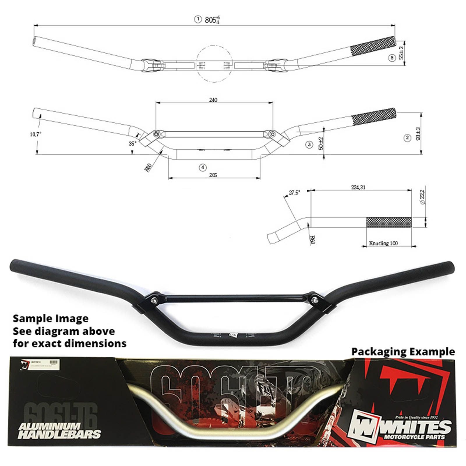 WHITES Handlebar 7/8 (22.2mm) AL6061 - Black For Kawasaki KX/KXF/RMZ #HBR69002