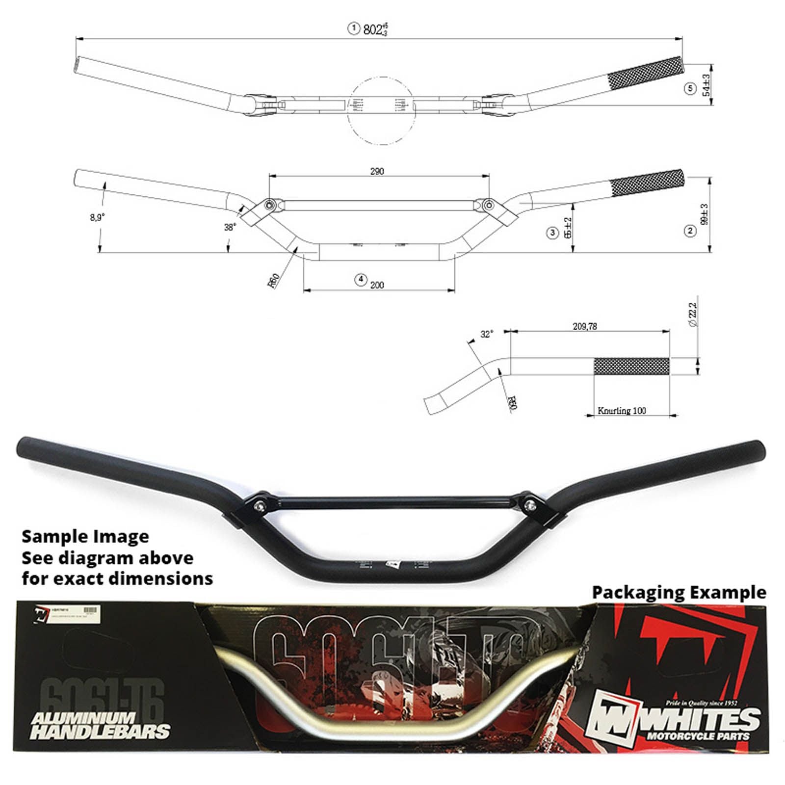 WHITES Handlebar 7/8 AL6061-Black For Honda CR125 CRF250/450 KX250/450 #HBR69102