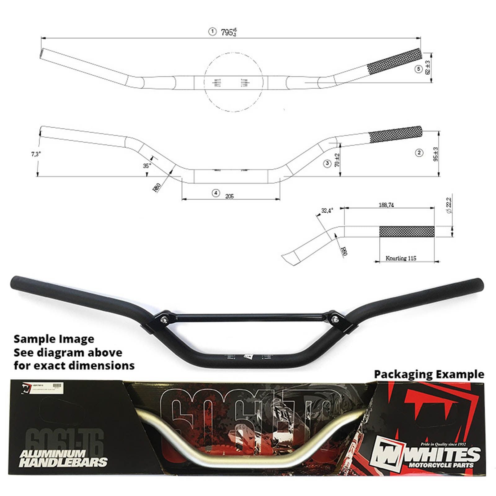 New WHITES Handlebar 7/8 (22.2mm) AL6061 - Black For KTM SX65 #HBR69902