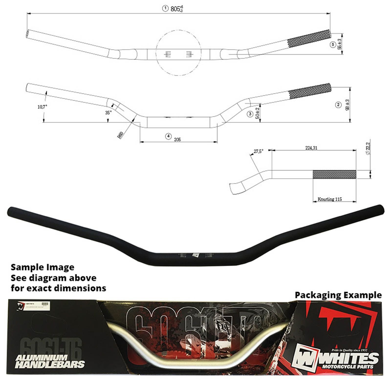 WHITES Handlebar Taper AL6061 - Black For Kawasaki KX/KXF/RMZ 1