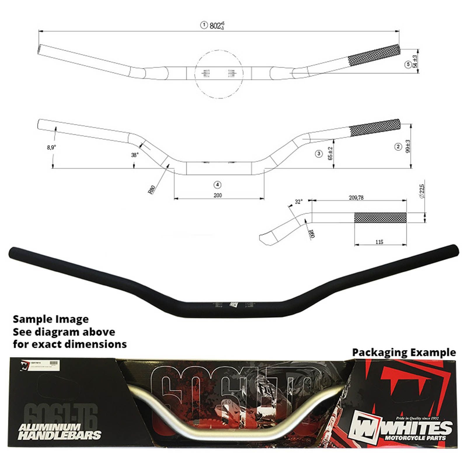 WHITES Handlebar Taper AL6061 - Black For Honda CR125, CRF250/450 KX250/450