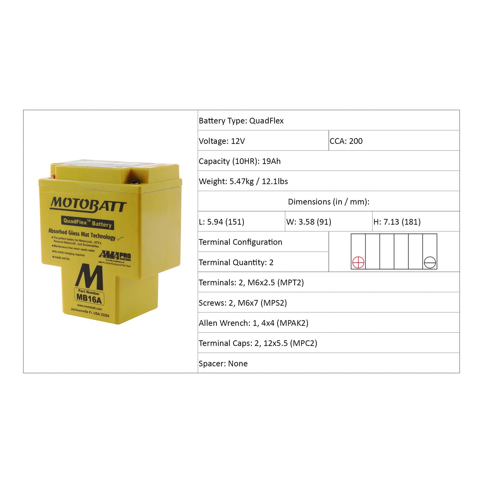 New MOTOBATT Quadflex AGM Battery #MB16A