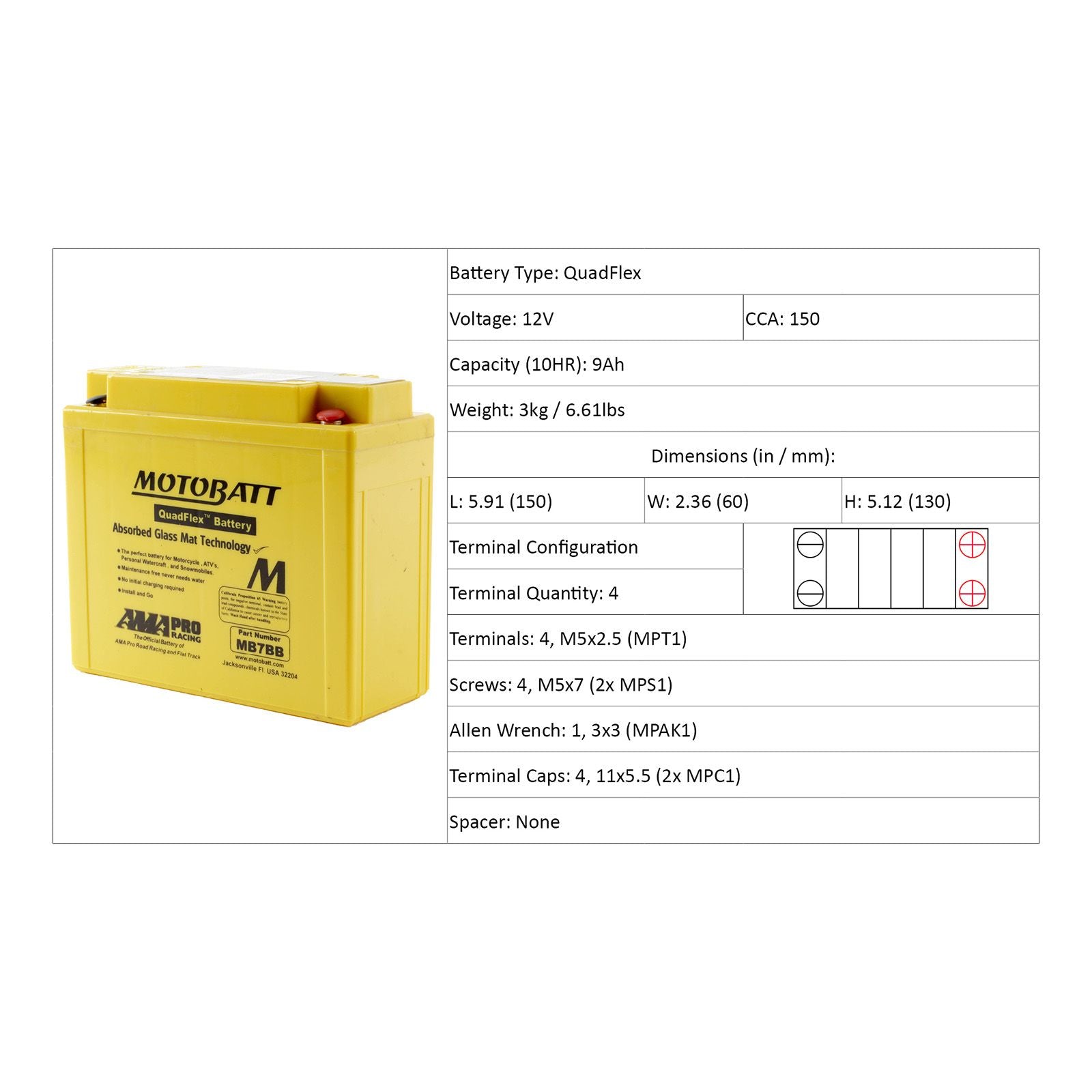 New MOTOBATT Quadflex AGM Battery #MB7BB