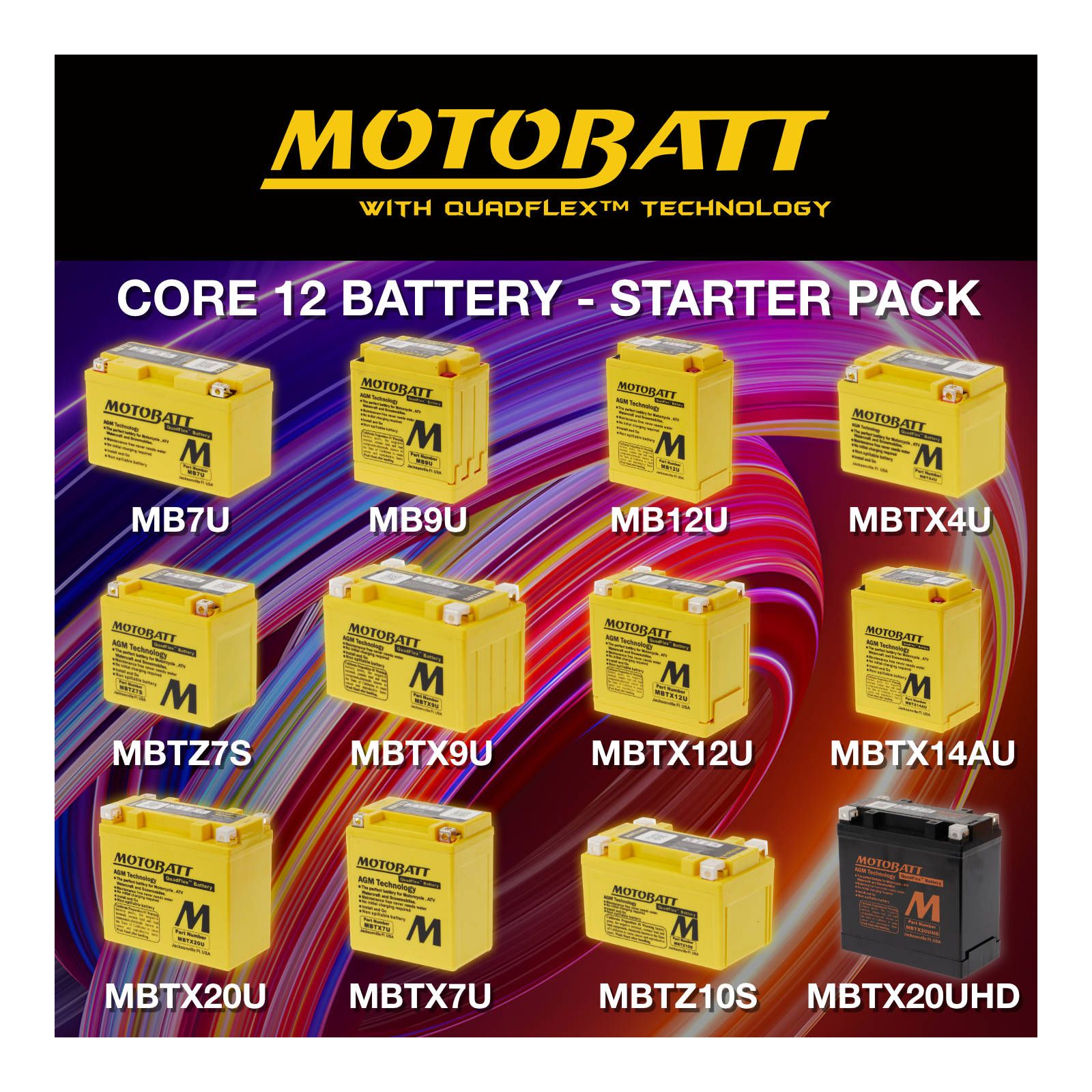 New MOTOBATT Starter Pack Core 12 Batteries #MBPACK