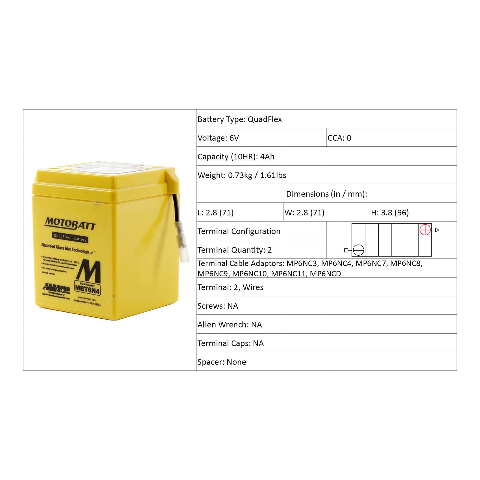 New MOTOBATT Quadflex AGM Battery #MBT6N4