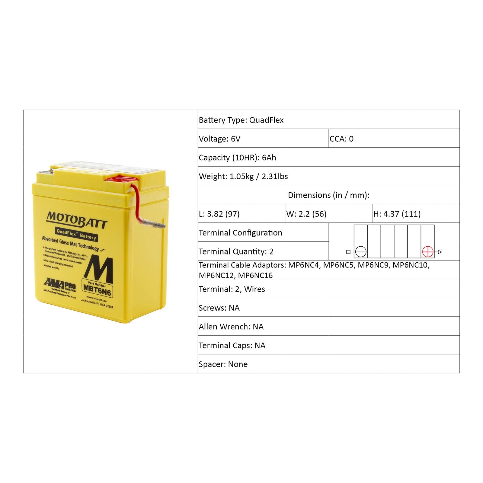 New MOTOBATT Quadflex AGM Battery #MBT6N6