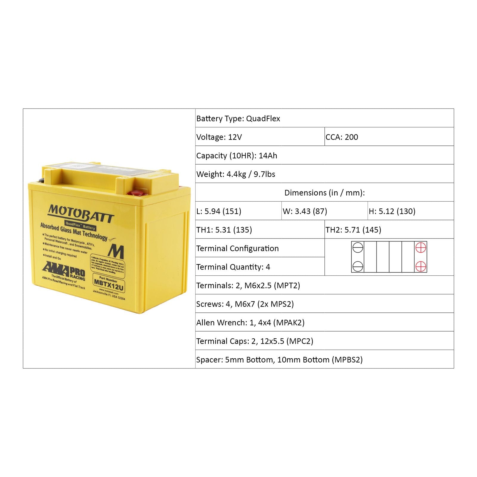 New MOTOBATT Quadflex AGM Battery #MBTX12U