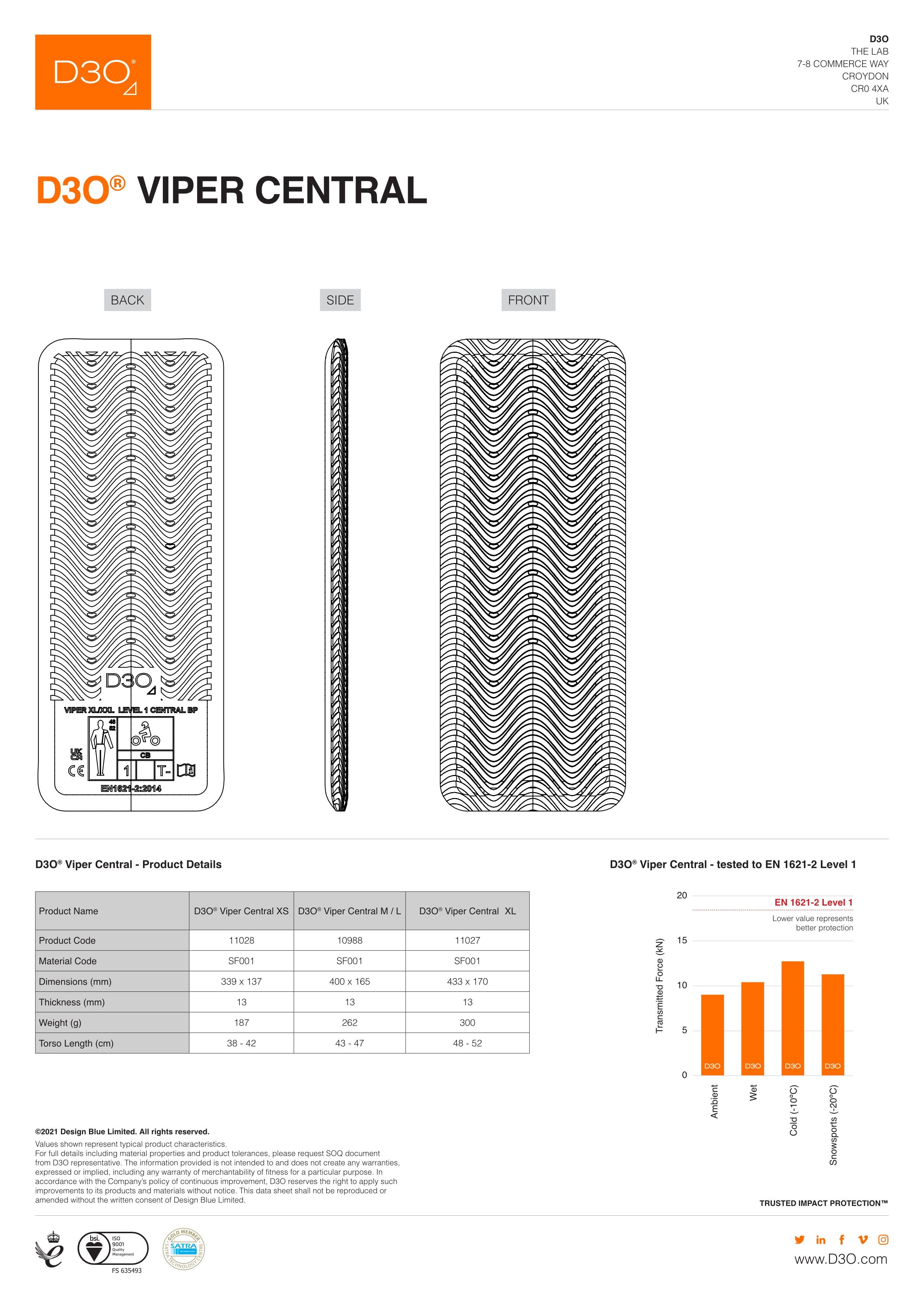 New RICHA D3O Viper Central Back Protector - Level 1 #RAD30BPVC